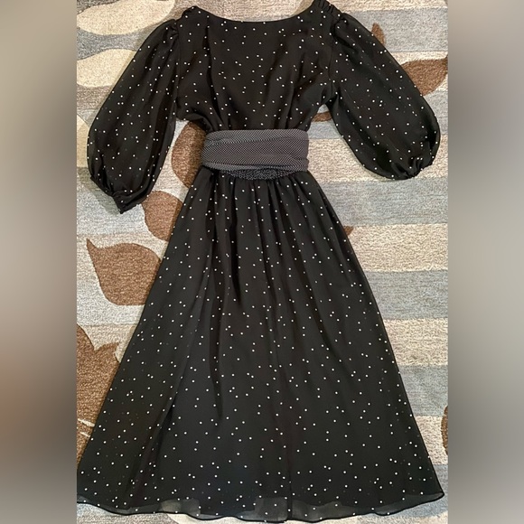 Maison Tara Dottie Faux Wrap Chiffon Midi Dress 3/4 Balloon Sleeves & Waist Sash - Picture 7 of 10